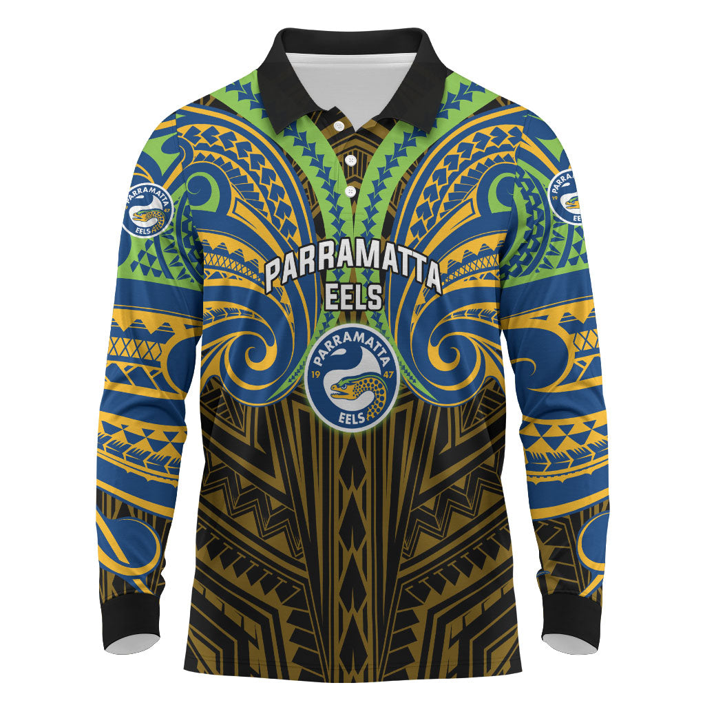 Custom Parramatta Eels Long Sleeve Polo Shirt Eel Warrior Polynesia Islander Rugby Mascot