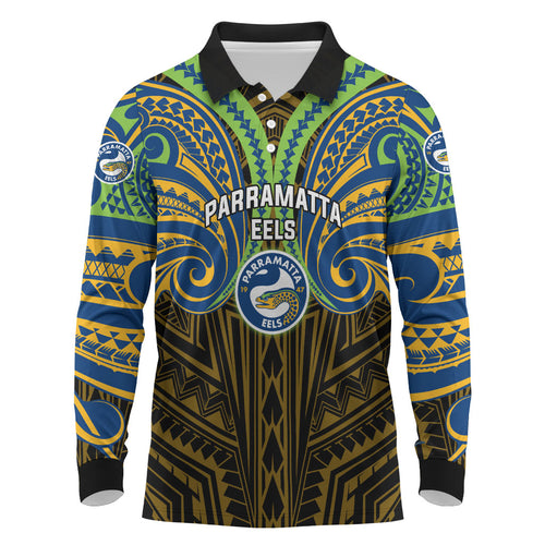 Custom Parramatta Eels Long Sleeve Polo Shirt Eel Warrior Polynesia Islander Rugby Mascot