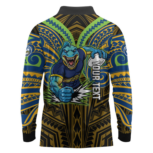 Custom Parramatta Eels Long Sleeve Polo Shirt Eel Warrior Polynesia Islander Rugby Mascot