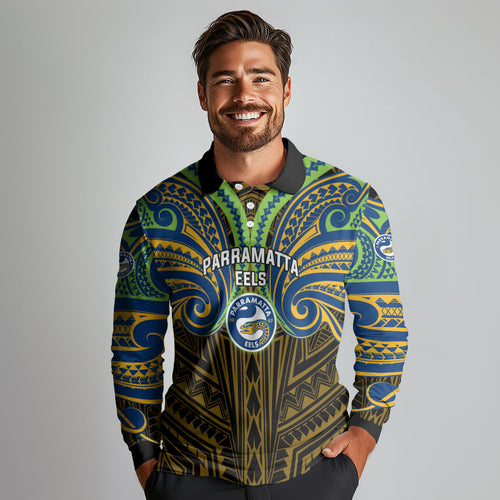 Custom Parramatta Eels Long Sleeve Polo Shirt Eel Warrior Polynesia Islander Rugby Mascot