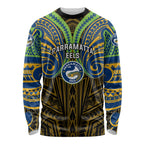 Custom Parramatta Eels Long Sleeve Shirt Eel Warrior Polynesia Islander Rugby Mascot