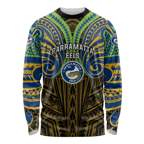 Custom Parramatta Eels Long Sleeve Shirt Eel Warrior Polynesia Islander Rugby Mascot