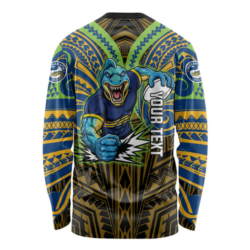 Custom Parramatta Eels Long Sleeve Shirt Eel Warrior Polynesia Islander Rugby Mascot