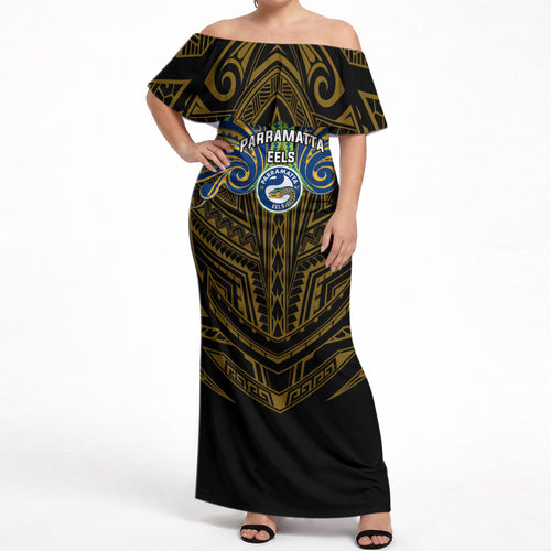 Custom Parramatta Eels Off Shoulder Maxi Dress Eel Warrior Polynesia Islander Rugby Mascot
