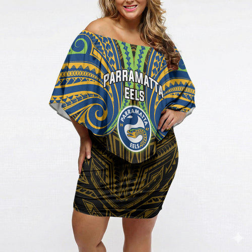 Custom Parramatta Eels Off Shoulder Short Dress Eel Warrior Polynesia Islander Rugby Mascot