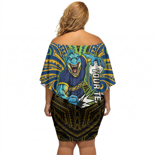 Custom Parramatta Eels Off Shoulder Short Dress Eel Warrior Polynesia Islander Rugby Mascot