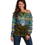 Custom Parramatta Eels Off Shoulder Sweater Eel Warrior Polynesia Islander Rugby Mascot