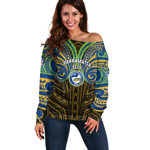 Custom Parramatta Eels Off Shoulder Sweater Eel Warrior Polynesia Islander Rugby Mascot