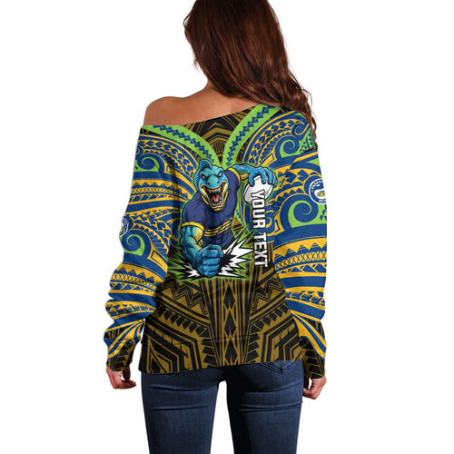 Custom Parramatta Eels Off Shoulder Sweater Eel Warrior Polynesia Islander Rugby Mascot