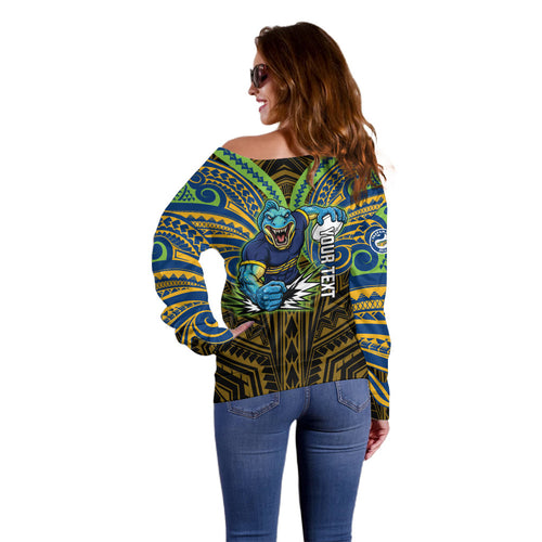 Custom Parramatta Eels Off Shoulder Sweater Eel Warrior Polynesia Islander Rugby Mascot
