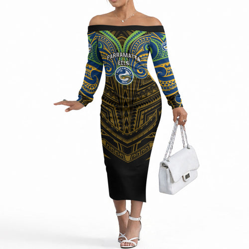 Custom Parramatta Eels Off The Shoulder Long Sleeve Dress Eel Warrior Polynesia Islander Rugby Mascot