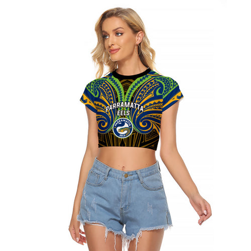 Custom Parramatta Eels Raglan Cropped T Shirt Eel Warrior Polynesia Islander Rugby Mascot