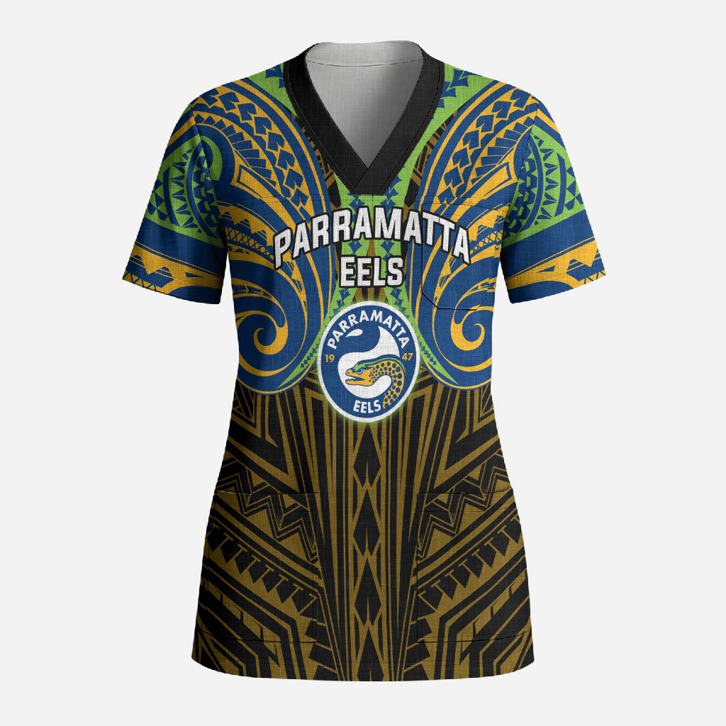 Custom Parramatta Eels Scrub Top Eel Warrior Polynesia Islander Rugby Mascot