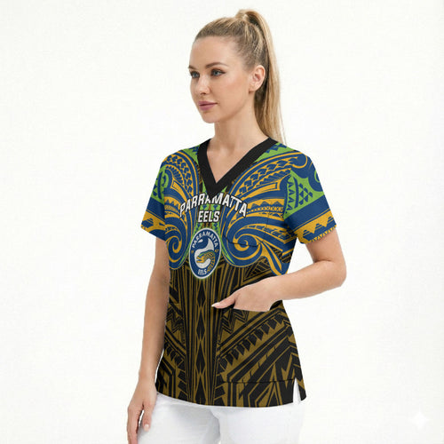Custom Parramatta Eels Scrub Top Eel Warrior Polynesia Islander Rugby Mascot