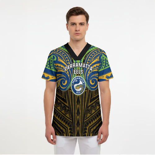 Custom Parramatta Eels Scrub Top Eel Warrior Polynesia Islander Rugby Mascot