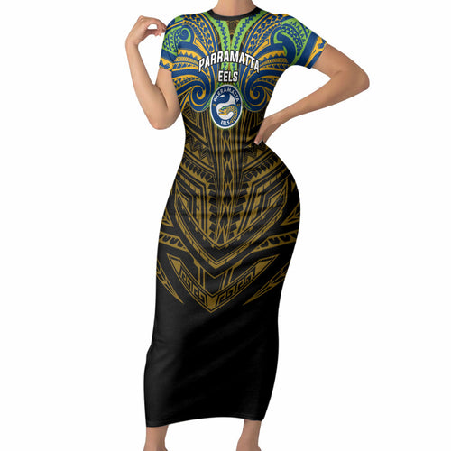 Custom Parramatta Eels Short Sleeve Bodycon Dress Eel Warrior Polynesia Islander Rugby Mascot