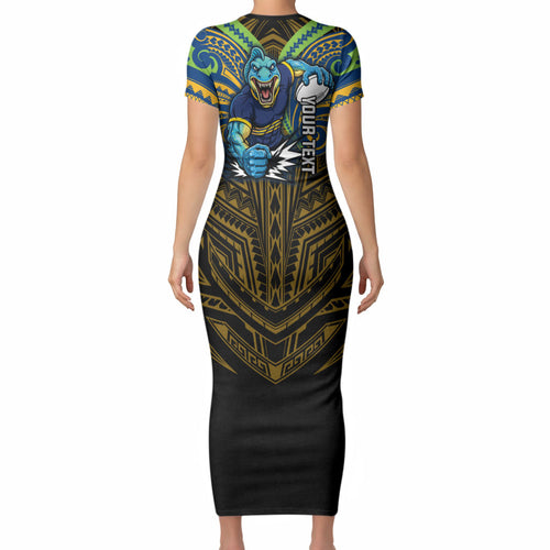 Custom Parramatta Eels Short Sleeve Bodycon Dress Eel Warrior Polynesia Islander Rugby Mascot