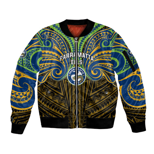 Custom Parramatta Eels Sleeve Zip Bomber Jacket Eel Warrior Polynesia Islander Rugby Mascot
