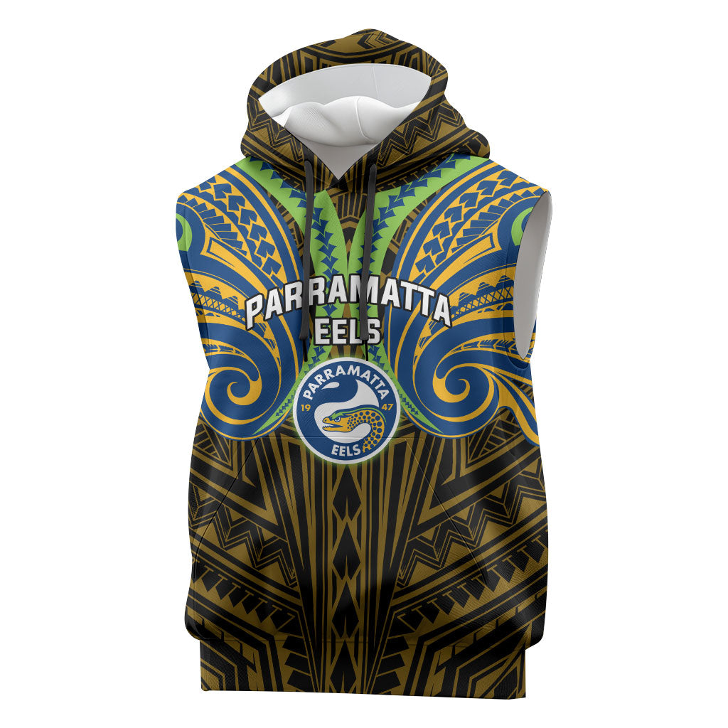 Custom Parramatta Eels Sleeveless Hoodie Eel Warrior Polynesia Islander Rugby Mascot