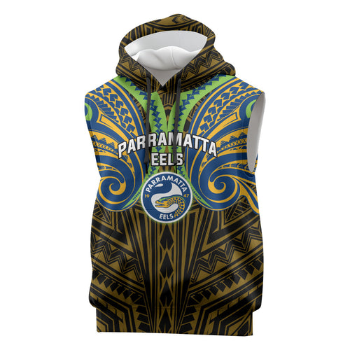 Custom Parramatta Eels Sleeveless Hoodie Eel Warrior Polynesia Islander Rugby Mascot