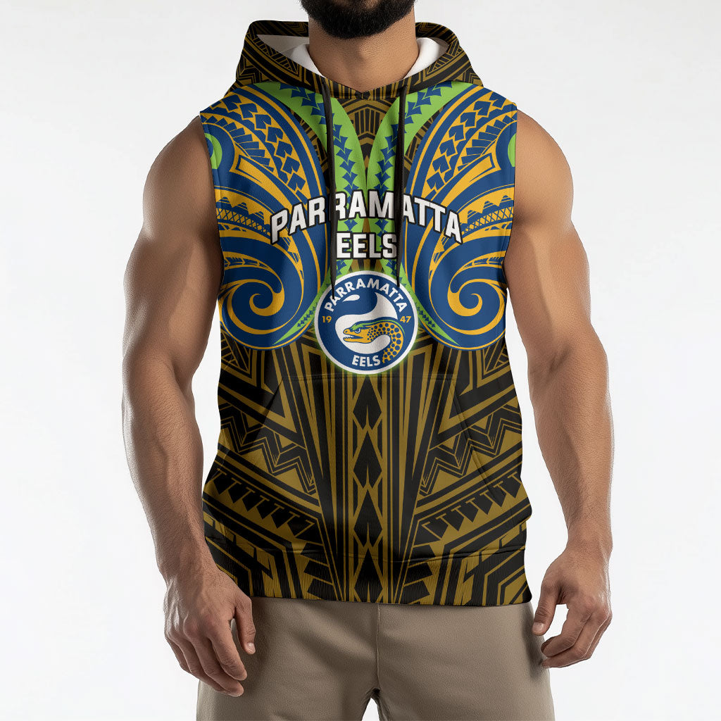Custom Parramatta Eels Sleeveless Hoodie Eel Warrior Polynesia Islander Rugby Mascot