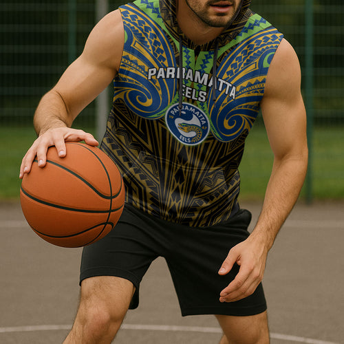 Custom Parramatta Eels Sleeveless Hoodie Eel Warrior Polynesia Islander Rugby Mascot