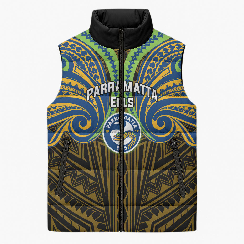 Custom Parramatta Eels Sleeveless Puffer Jacket Eel Warrior Polynesia Islander Rugby Mascot