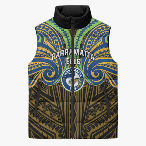 Custom Parramatta Eels Sleeveless Puffer Jacket Eel Warrior Polynesia Islander Rugby Mascot