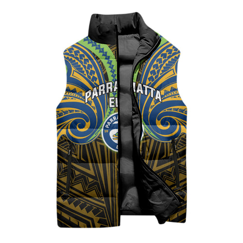 Custom Parramatta Eels Sleeveless Puffer Jacket Eel Warrior Polynesia Islander Rugby Mascot