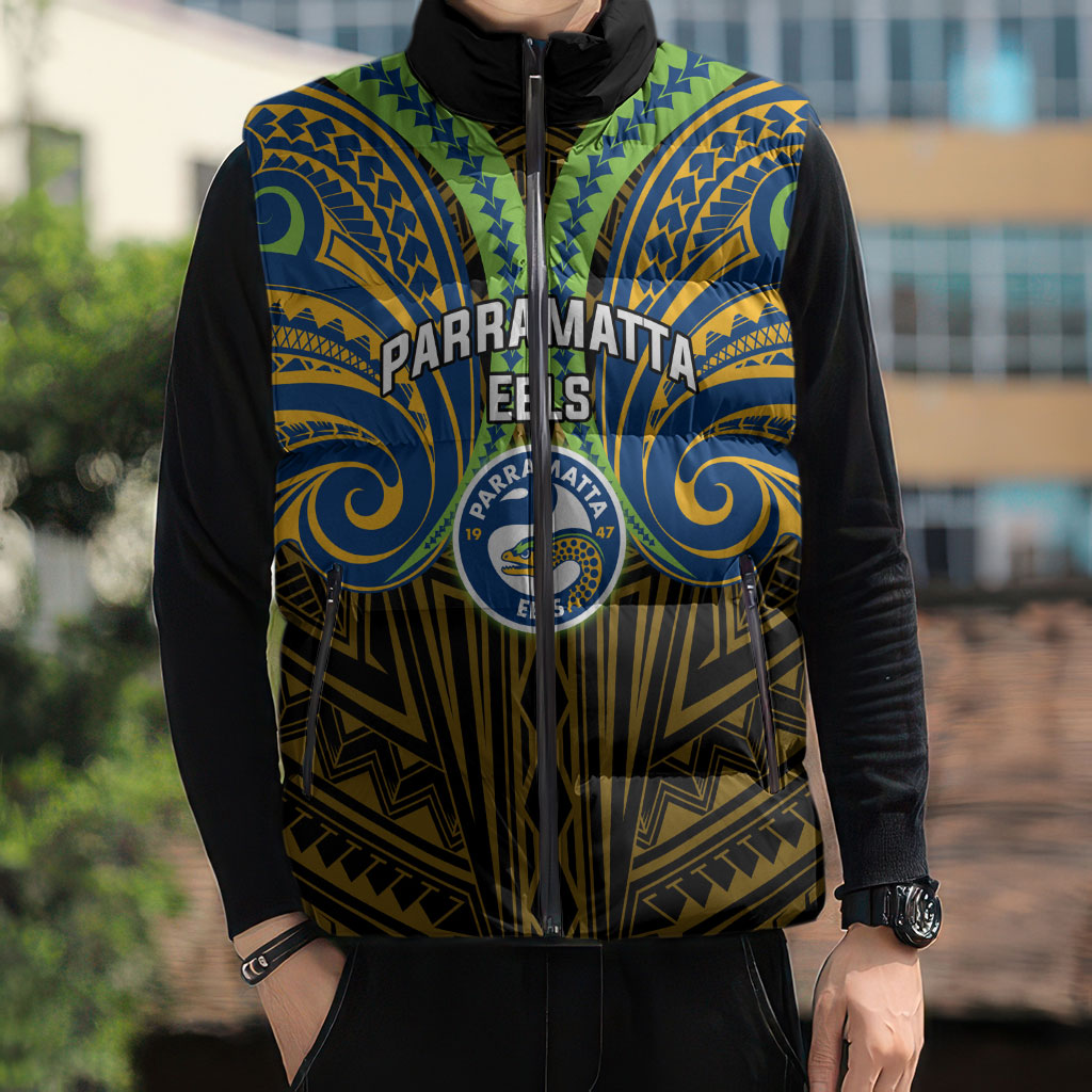 Custom Parramatta Eels Sleeveless Puffer Jacket Eel Warrior Polynesia Islander Rugby Mascot