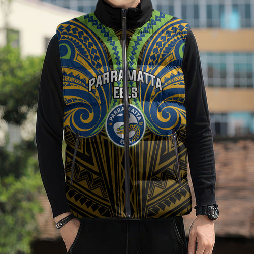 Custom Parramatta Eels Sleeveless Puffer Jacket Eel Warrior Polynesia Islander Rugby Mascot