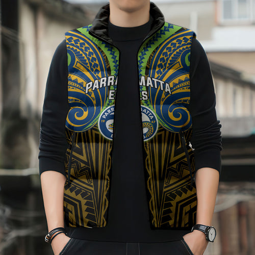 Custom Parramatta Eels Sleeveless Puffer Jacket Eel Warrior Polynesia Islander Rugby Mascot