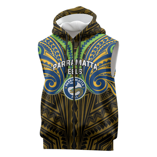 Custom Parramatta Eels Sleeveless Zip Hoodie Eel Warrior Polynesia Islander Rugby Mascot