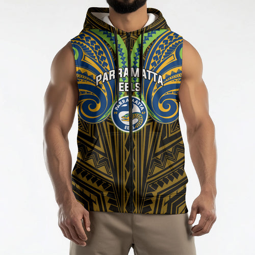 Custom Parramatta Eels Sleeveless Zip Hoodie Eel Warrior Polynesia Islander Rugby Mascot