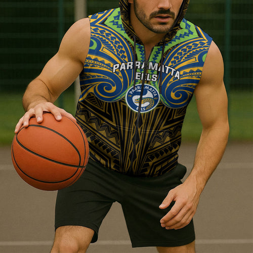 Custom Parramatta Eels Sleeveless Zip Hoodie Eel Warrior Polynesia Islander Rugby Mascot