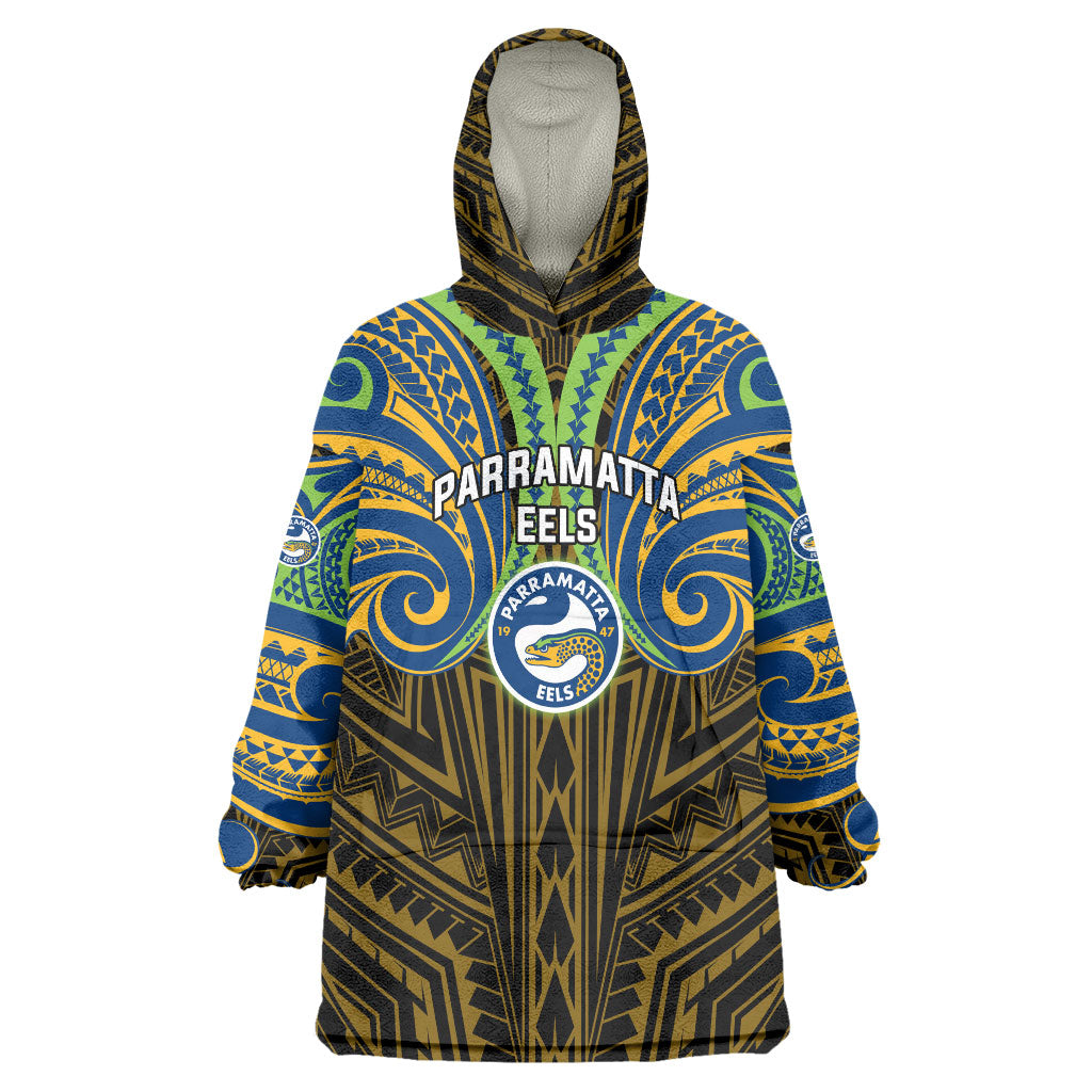 Custom Parramatta Eels Wearable Blanket Hoodie Eel Warrior Polynesia Islander Rugby Mascot