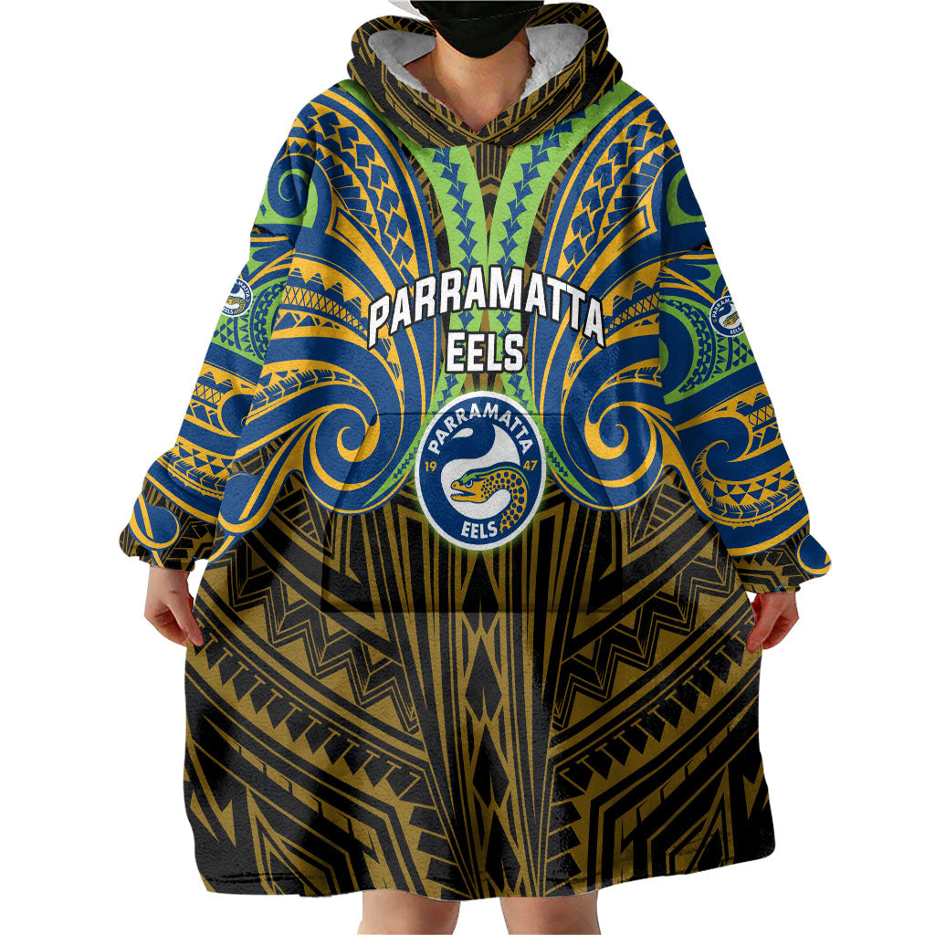 Custom Parramatta Eels Wearable Blanket Hoodie Eel Warrior Polynesia Islander Rugby Mascot