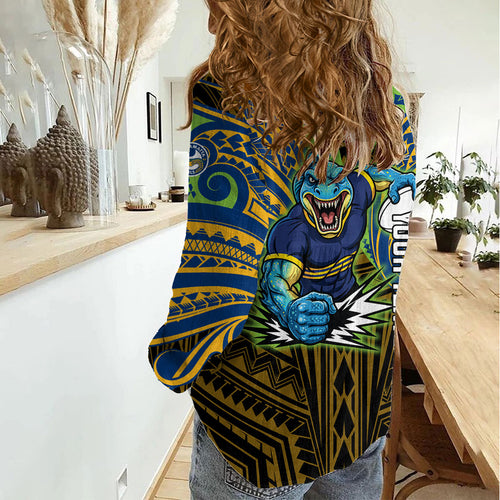 Custom Parramatta Eels Women Casual Shirt Eel Warrior Polynesia Islander Rugby Mascot