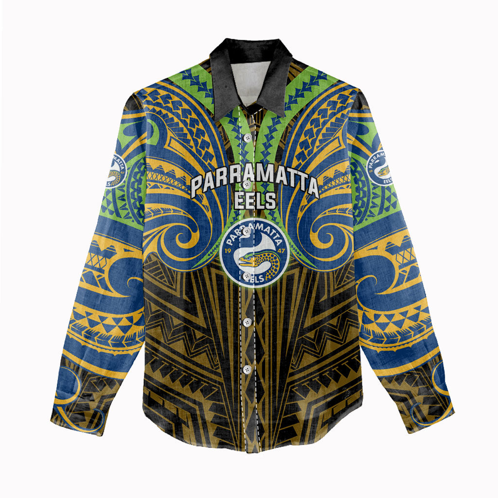Custom Parramatta Eels Women Casual Shirt Eel Warrior Polynesia Islander Rugby Mascot