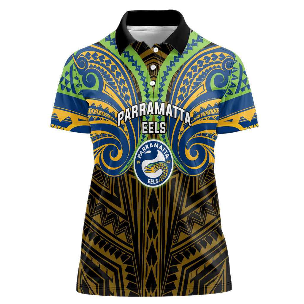 Custom Parramatta Eels Women Polo Shirt Eel Warrior Polynesia Islander Rugby Mascot