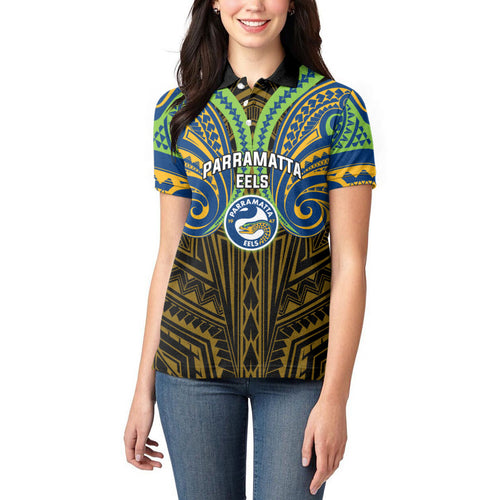 Custom Parramatta Eels Women Polo Shirt Eel Warrior Polynesia Islander Rugby Mascot