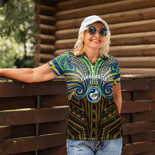 Custom Parramatta Eels Women Polo Shirt Eel Warrior Polynesia Islander Rugby Mascot