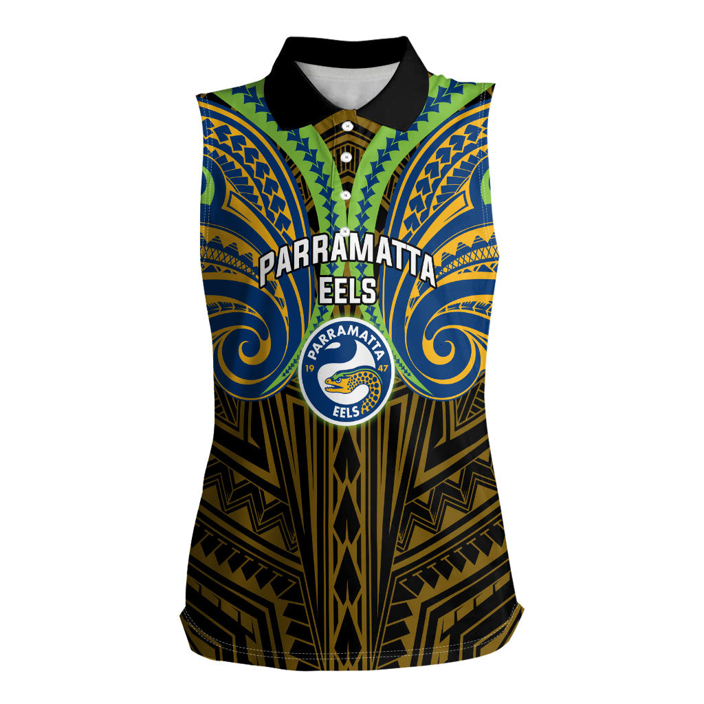 Custom Parramatta Eels Women Sleeveless Polo Shirt Eel Warrior Polynesia Islander Rugby Mascot