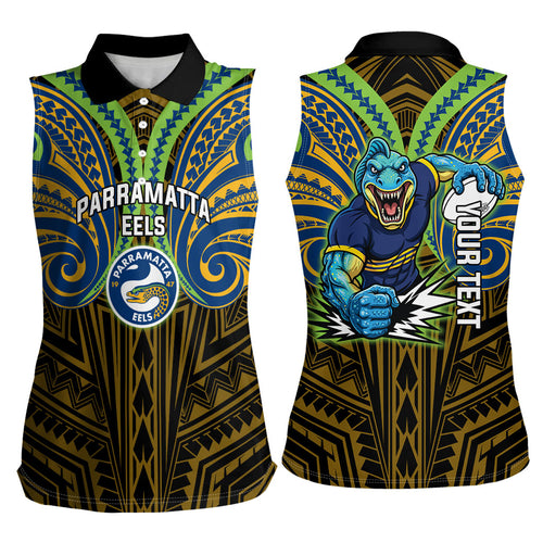 Custom Parramatta Eels Women Sleeveless Polo Shirt Eel Warrior Polynesia Islander Rugby Mascot