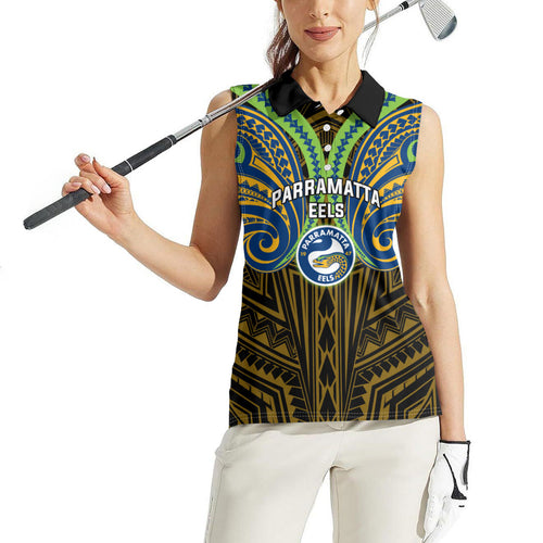 Custom Parramatta Eels Women Sleeveless Polo Shirt Eel Warrior Polynesia Islander Rugby Mascot