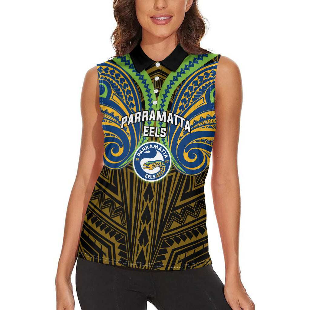 Custom Parramatta Eels Women Sleeveless Polo Shirt Eel Warrior Polynesia Islander Rugby Mascot