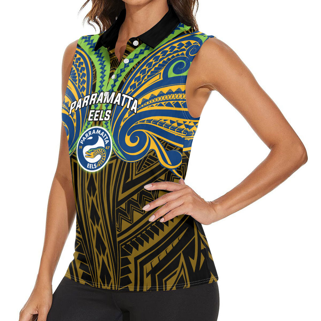 Custom Parramatta Eels Women Sleeveless Polo Shirt Eel Warrior Polynesia Islander Rugby Mascot