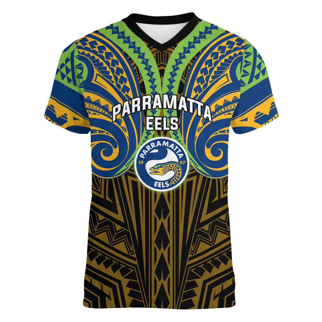 Custom Parramatta Eels Women V-Neck T-Shirt Eel Warrior Polynesia Islander Rugby Mascot