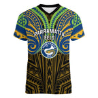 Custom Parramatta Eels Women V-Neck T-Shirt Eel Warrior Polynesia Islander Rugby Mascot