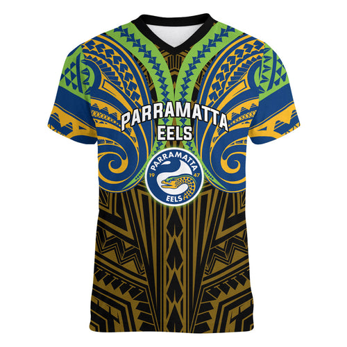 Custom Parramatta Eels Women V-Neck T-Shirt Eel Warrior Polynesia Islander Rugby Mascot